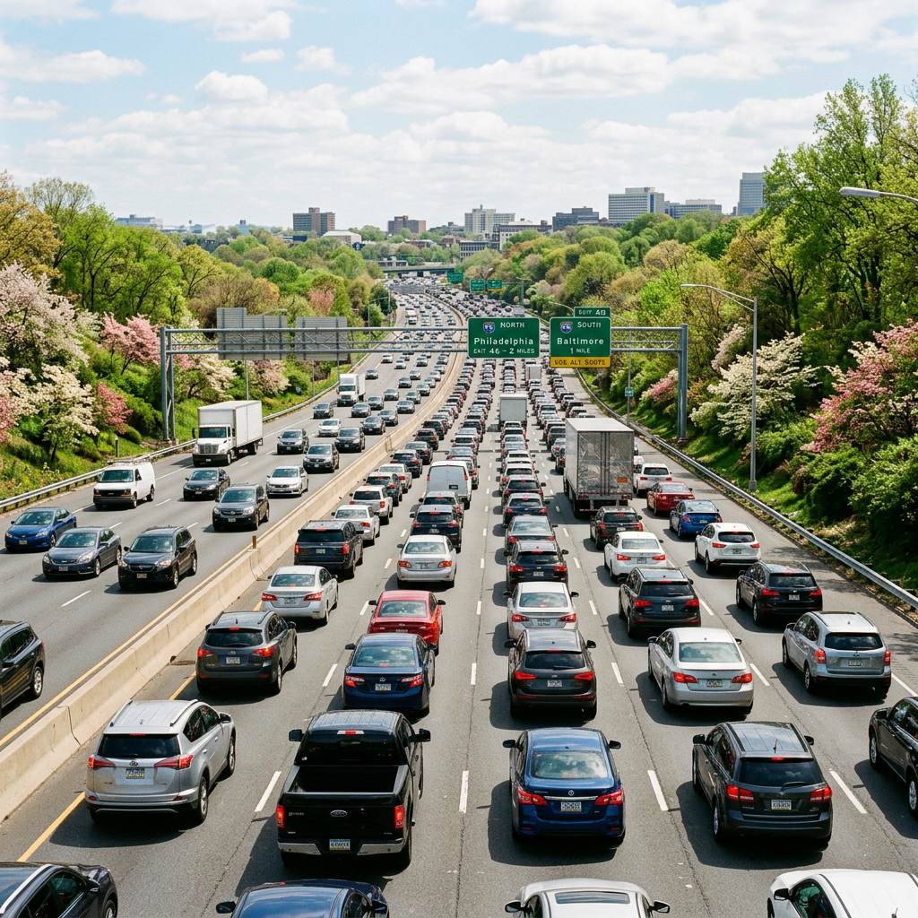 Multiple lanes of heavy traffic on a highway with green and flowering trees on both sides